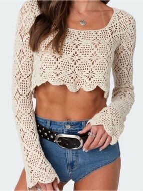 Edikted Tessie Beige Crochet Long Sleeve Crop Top Size M NWT